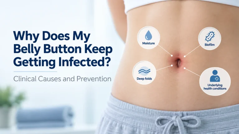 A clinical guide explaining why a belly button keeps getting infected, detailing causes and prevention. The image shows a person's abdomen with a slightly red navel, surrounded by four key factors contributing to recurrent infections: trapped moisture, biofilm, deep skin folds, and underlying health conditions.