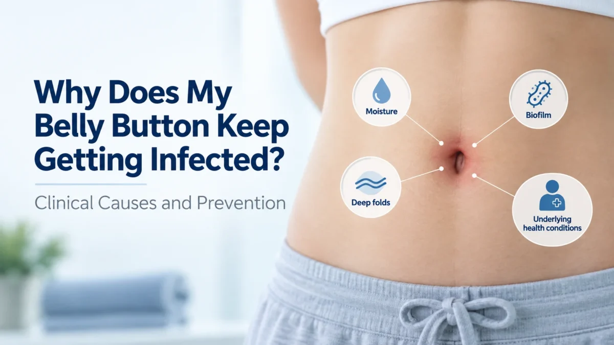 A clinical guide explaining why a belly button keeps getting infected, detailing causes and prevention. The image shows a person's abdomen with a slightly red navel, surrounded by four key factors contributing to recurrent infections: trapped moisture, biofilm, deep skin folds, and underlying health conditions.