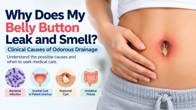 Clinical guide explaining why a belly button leaks and smells, detailing the causes of odorous drainage. The image shows a person's abdomen with a red, inflamed navel leaking yellowish fluid. It highlights four possible clinical causes: a bacterial infection, a urachal cyst or patent urachus, a ruptured cyst, and an umbilical fistula.