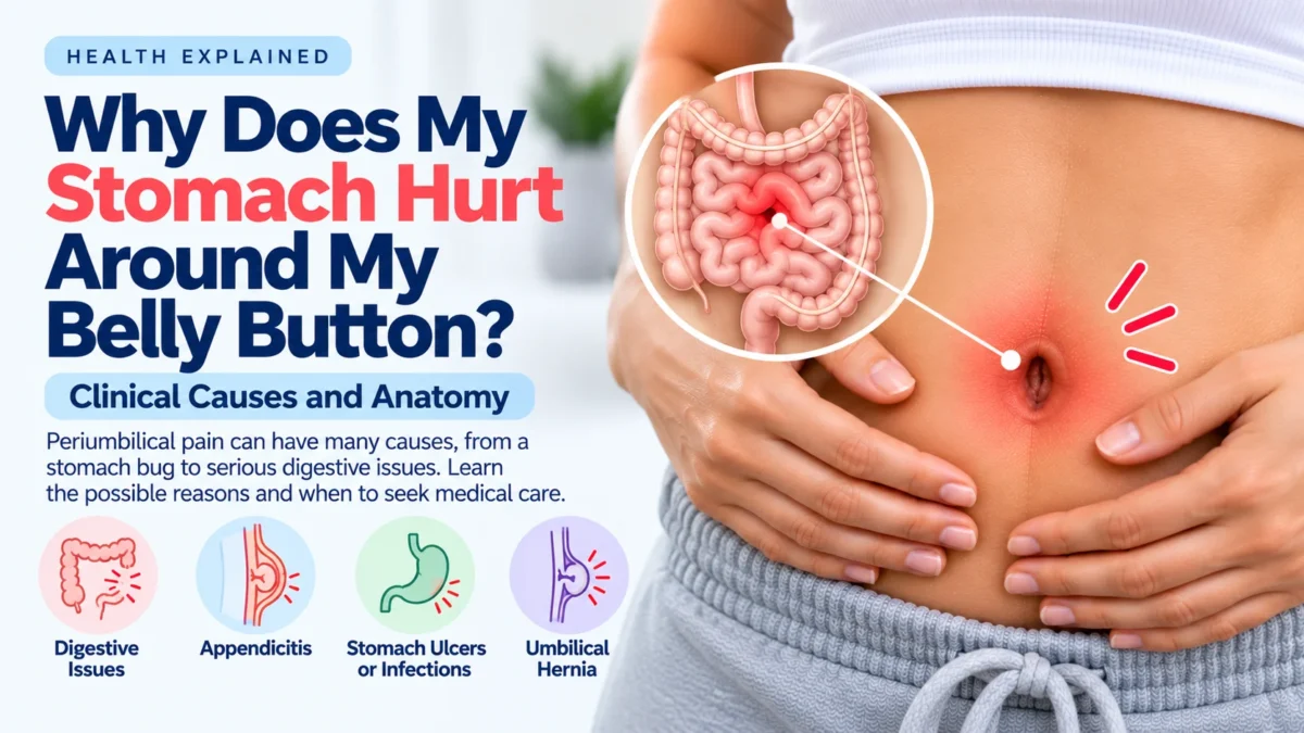 A clinical guide explaining why the stomach hurts around the belly button, detailing causes of periumbilical pain. The image shows a person holding their abdomen with a red glowing navel and an anatomical inset diagram of the intestines highlighting central pain. It lists four clinical causes: digestive issues, appendicitis, stomach ulcers or infections, and an umbilical hernia.
