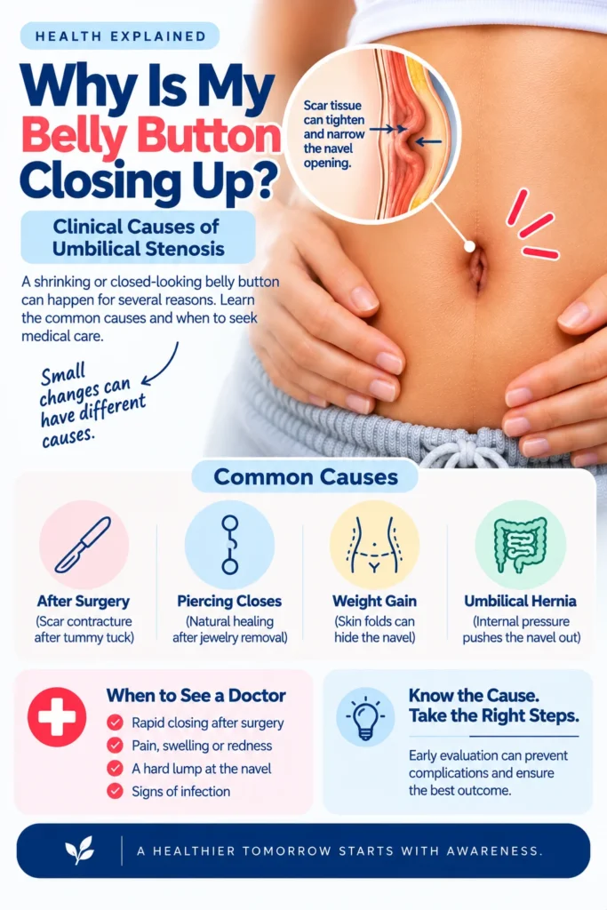 A clinical guide explaining why a belly button closes up, detailing the causes of umbilical stenosis. The image features a narrowed navel with a cross-section diagram showing how scar tissue can tighten the opening. It lists common causes including post-surgery healing, closing piercings, weight gain, and umbilical hernias, plus a checklist of when to see a doctor.