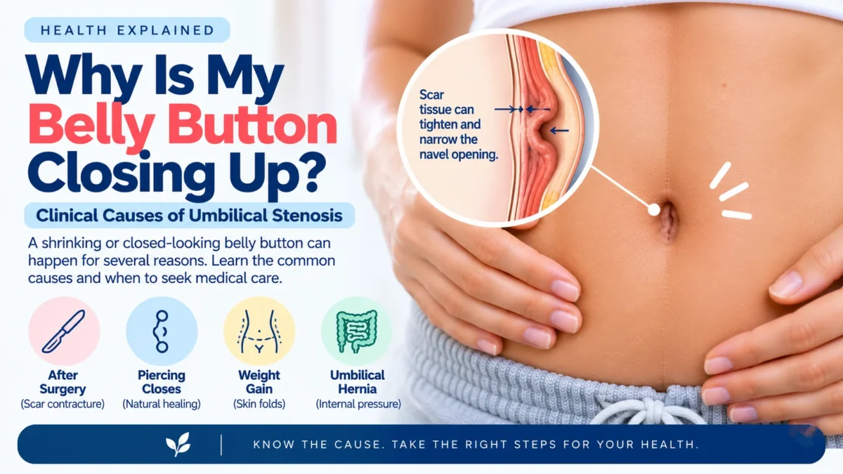 Clinical guide on why a belly button closes up, explaining the clinical causes of umbilical stenosis. The image features a narrowed navel with a cross-section diagram showing how scar tissue can tighten and narrow the opening. It lists four common causes: after surgery (scar contracture), a closing piercing (natural healing), weight gain (skin folds), and an umbilical hernia (internal pressure).
