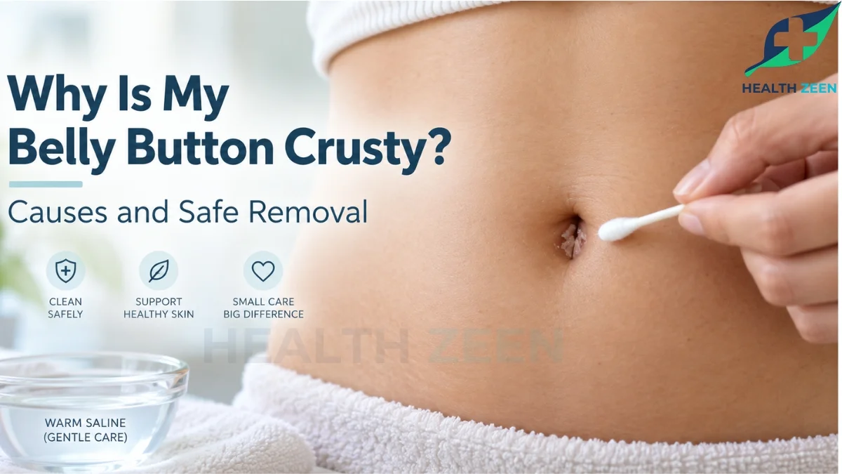 An educational medical guide titled Why Is My Belly Button Crusty? Causes and Safe Removal, featuring a person gently using a sterile cotton swab to treat dried, crusty buildup inside their navel. A glass bowl of warm saline solution sits in the foreground, demonstrating a safe, clinical method for softening and removing hardened umbilical discharge without damaging the delicate skin