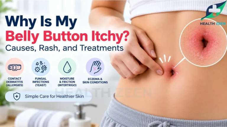 An educational medical guide titled Why Is My Belly Button Itchy? Causes, Rash, and Treatments, featuring a person pointing at their red, irritated navel. A magnified visual reveals a close-up of an inflamed, itchy umbilicus, highlighting primary dermatological causes including allergic contact dermatitis, fungal yeast infections, intertrigo friction, and eczema