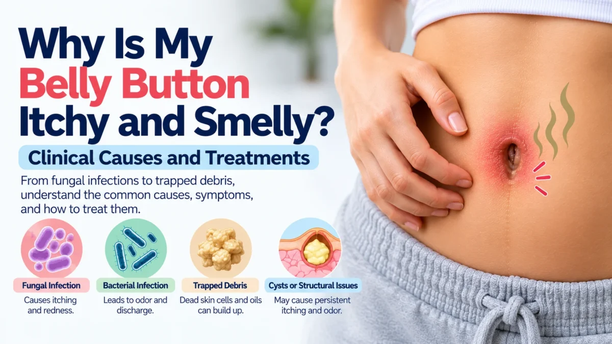 A clinical guide explaining why a belly button is itchy and smelly, detailing causes and treatments. The image shows a person scratching a red, irritated navel with green lines indicating a foul odor. It lists four common causes: a fungal infection causing itching and redness, a bacterial infection leading to odor and discharge, trapped debris from dead skin cells and oils, and cysts or structural issues causing persistent itching and odor.