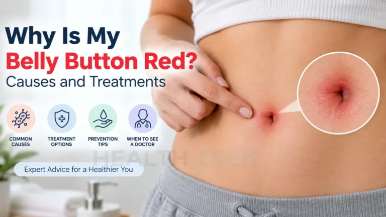 An educational medical guide titled Why Is My Belly Button Red? Causes and Treatments, featuring a person pointing at their irritated navel. A magnified visual reveals a close-up of the inflamed umbilicus, highlighting the distinct redness, swelling, and localized erythema on the surrounding abdominal skin