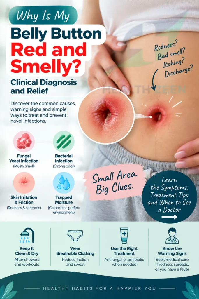 HealthZeen guide: Why Is My Belly Button Red and Smelly? Shows an inflamed navel. Lists causes: Fungal Yeast Infection (musty smell), Bacterial Infection (strong odor), Skin Irritation & Friction, and Trapped Moisture. Relief tips include keeping the area clean and dry, wearing breathable clothing, and using the right antifungal or antibiotic treatment. Warns to seek medical care if redness spreads or you develop a fever.