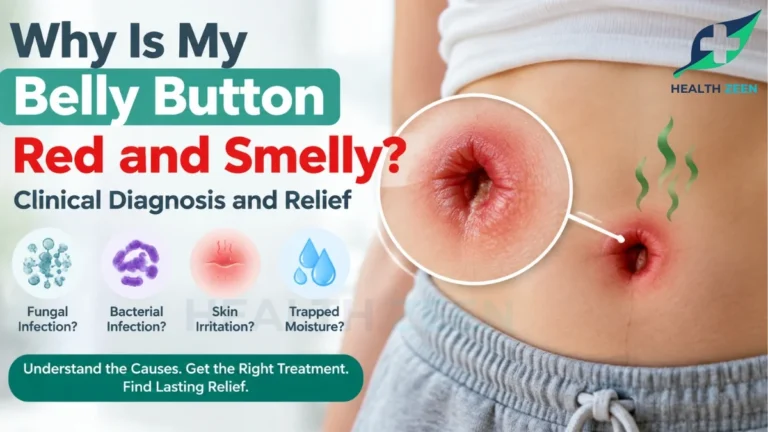 HealthZeen guide: Why Is My Belly Button Red and Smelly? Shows an inflamed navel. Lists causes: Fungal Yeast Infection (musty smell), Bacterial Infection (strong odor), Skin Irritation & Friction, and Trapped Moisture. Relief tips include keeping the area clean and dry, wearing breathable clothing, and using the right antifungal or antibiotic treatment. Warns to seek medical care if redness spreads or you develop a fever.
