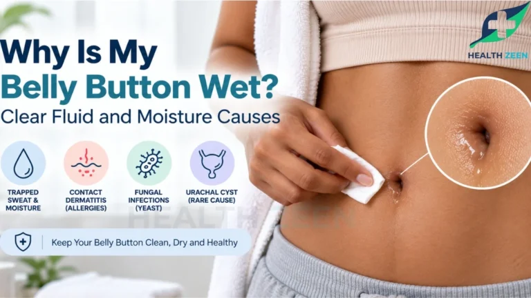 A clinical guide titled Why Is My Belly Button Wet? Clear Fluid and Moisture Causes, showing a person gently wiping their navel with a sterile cotton pad. A magnified view highlights the physical presence of clear fluid leaking from the umbilicus, while text outlines primary causes including trapped sweat, contact dermatitis, fungal yeast infections, and urachal cysts.