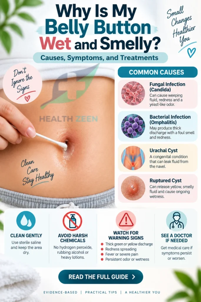 HealthZeen guide: Why Is My Belly Button Wet and Smelly? An image of a navel being cleaned with a swab. It lists causes of fluid and odor: Fungal (Candida) and Bacterial (Omphalitis) infections, Urachal Cysts, and Ruptured Cysts. Safe care steps include cleaning gently with sterile saline and avoiding harsh chemicals. It warns to see a doctor for thick green/yellow discharge, spreading redness, or fever.