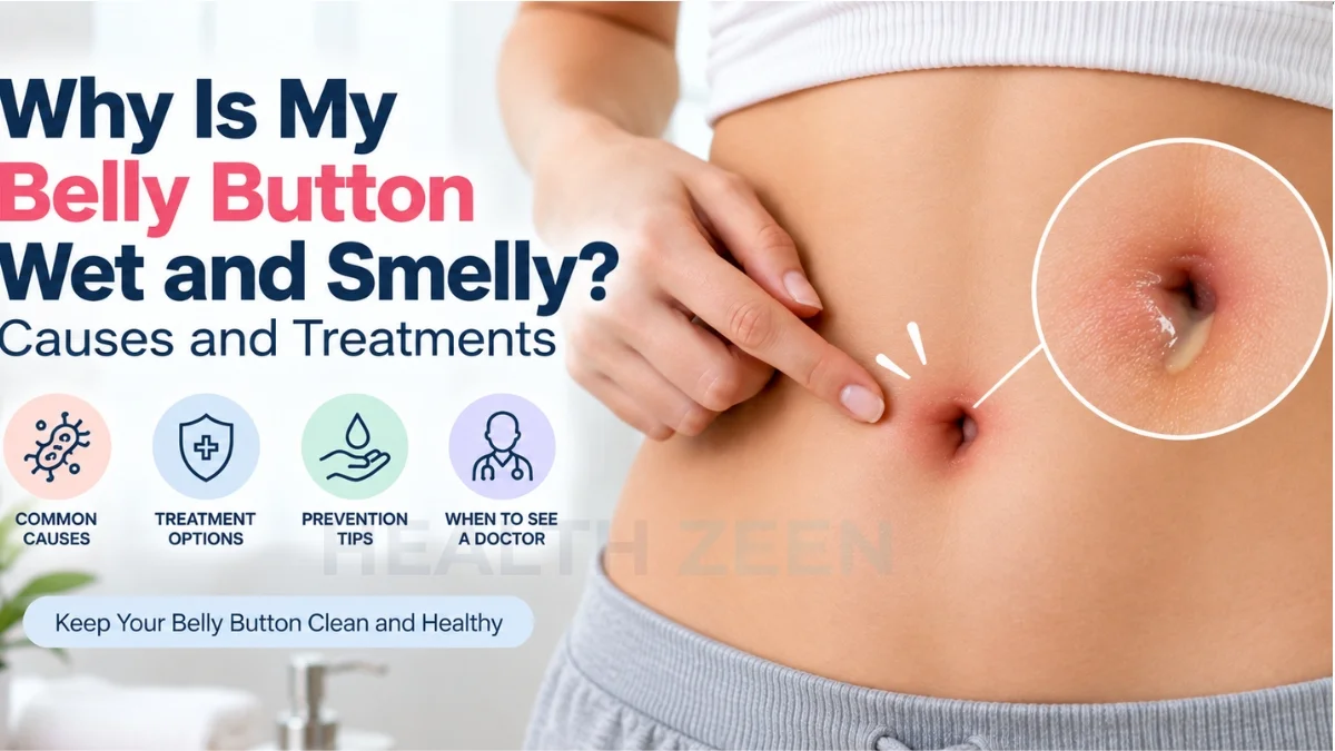 An educational medical guide titled Why Is My Belly Button Wet and Smelly? Causes and Treatments, featuring a person pointing at their red, irritated navel. A magnified visual reveals a close-up of an inflamed umbilicus leaking a thick, yellowish discharge, illustrating the physical symptoms of a foul-smelling navel infection
