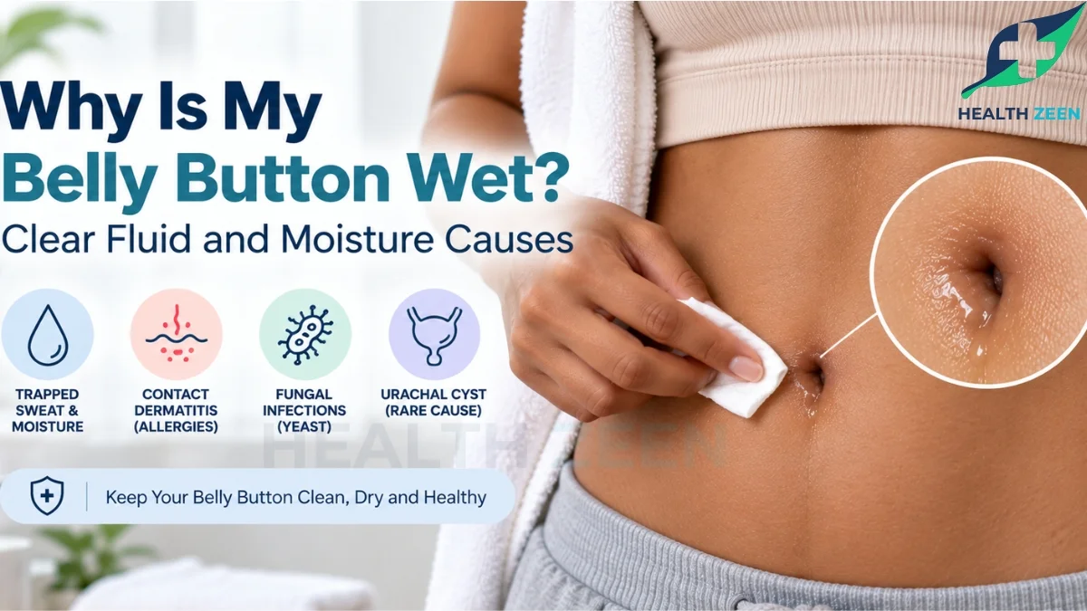 A clinical guide titled Why Is My Belly Button Wet? Clear Fluid and Moisture Causes, showing a person gently wiping their navel with a sterile cotton pad. A magnified view highlights the physical presence of clear fluid leaking from the umbilicus, while text outlines primary causes including trapped sweat, contact dermatitis, fungal yeast infections, and urachal cysts.