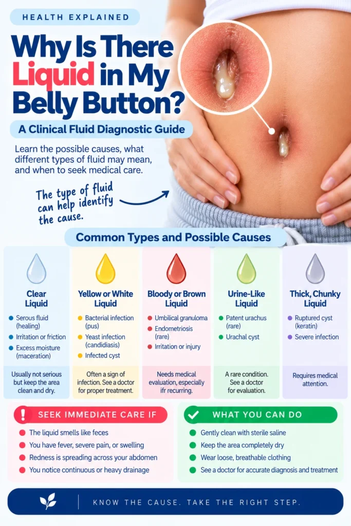 A clinical fluid diagnostic guide explaining why there is liquid in the belly button. The image features a person's abdomen with a close-up of a navel containing fluid. It categorizes five types of discharge: clear, yellow or white, bloody or brown, urine-like, and thick, chunky liquid, detailing causes such as infections, cysts, and irritation. It also includes a checklist of actionable care steps and severe symptoms requiring immediate medical attention.