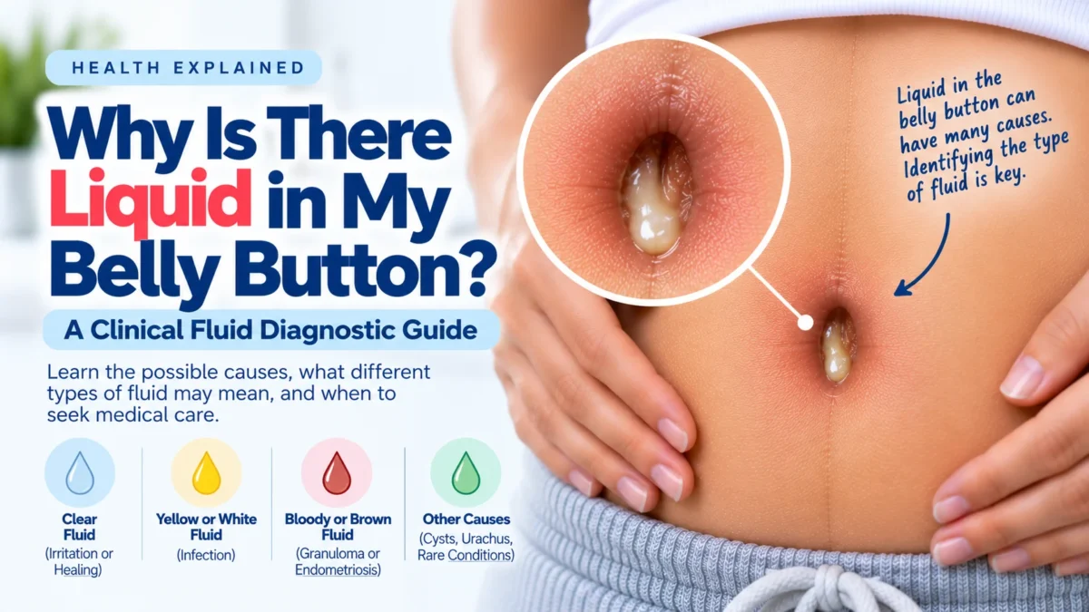 A clinical fluid diagnostic guide explaining why there is liquid in the belly button. The image shows a person's abdomen with a close-up of a navel containing a milky fluid. It categorizes four fluid types: clear fluid indicating irritation or healing, yellow or white fluid signaling infection, bloody or brown fluid pointing to a granuloma or endometriosis, and other causes like cysts or urachus issues.