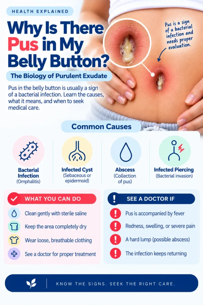 A clinical guide explaining why there is pus in the belly button, focusing on the biology of purulent exudate. The image features a person's abdomen with a close-up of a red, inflamed navel filled with yellowish pus. It details common causes such as bacterial infections, infected cysts, abscesses, and infected piercings, alongside a checklist of actionable care steps and warning signs requiring a doctor's evaluation.