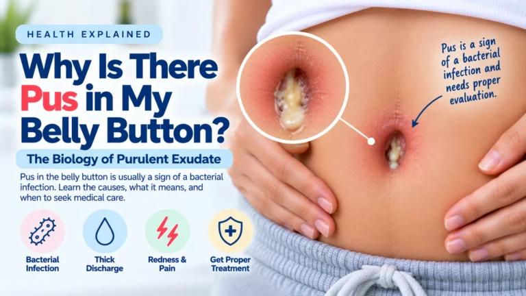 A health guide explaining why there is pus in the belly button. The image shows a person's abdomen with a close-up revealing a red, inflamed navel filled with thick yellowish pus, which is noted as a sign of a bacterial infection. The graphic highlights four key points: bacterial infection, thick discharge, redness and pain, and the need to get proper treatment.