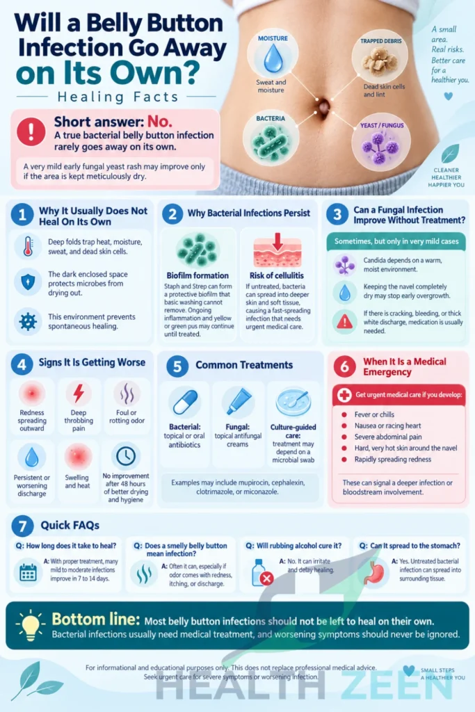 A comprehensive medical infographic by HealthZeen titled Will a Belly Button Infection Go Away on Its Own? Healing Facts. The visual states a clear "No" for bacterial infections, explaining how deep folds trap moisture and microbes form biofilms. It details warning signs like spreading redness and foul odor, lists treatments like topical antibiotics and antifungals, outlines medical emergencies such as fever, and features a Quick FAQs section concluding that most navel infections require medical treatment.