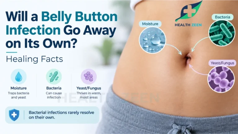An educational health graphic by HealthZeen titled Will a Belly Button Infection Go Away on Its Own, featuring a person's abdomen. Clinical callouts point to the navel illustrating how trapped moisture, bacteria, and yeast or fungus contribute to infections, along with a medical note stating that bacterial infections rarely resolve on their own.